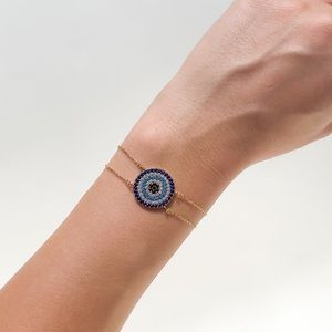 🧿 18K SOLID GOLD evil eye bracelet with double chain & 91 synthetic gemstones